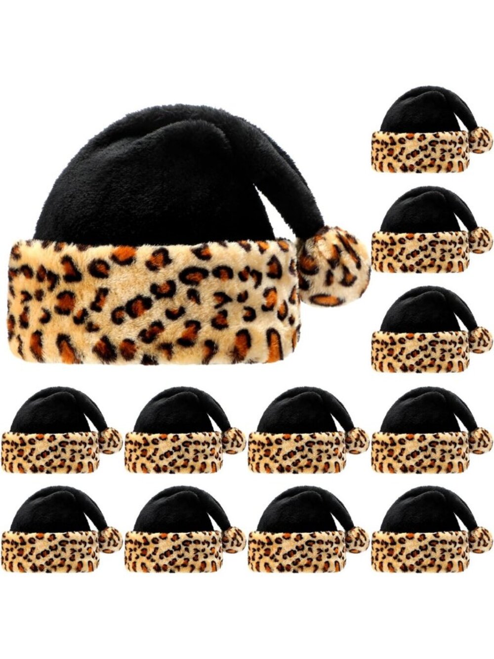 12 Christmas Plush Santa Hats, Furry Leopard Print, Lined & Cozy Holiday